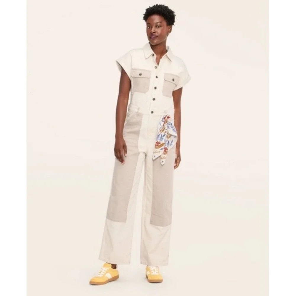 Woolrich Short Sleeve Denim Western Jumpsuit Women's Size 00 Cream NWT‎